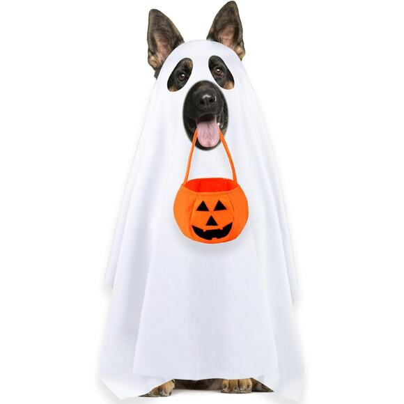 Dog Ghost Halloween Costume with Pumpkin Bag Funny Pet Outfit for Large Dogs - Picture 1 of 6